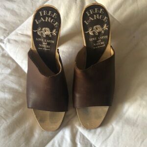 Brown Woven Leather Mules with Wooden Heel